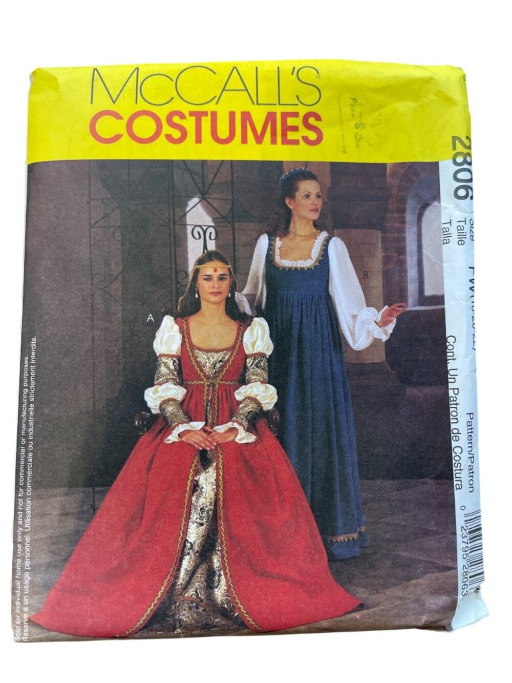 McCalls 2806 Renaissance Costume Sewing Pattern Sizes FW 18-20-22 Women Used CUT